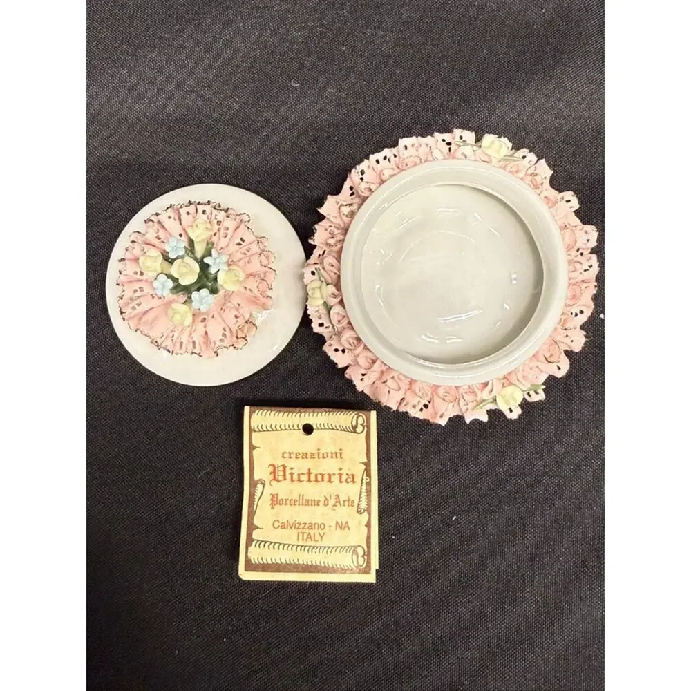 Set of 2 capodimonte porcelain trinket/jewelry boxes pink flowers heart Italy